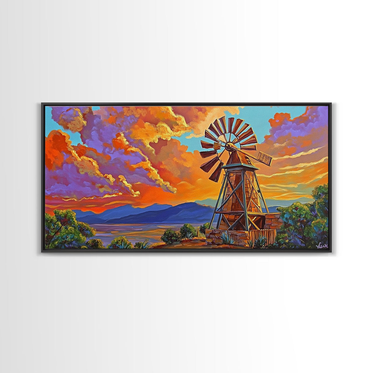 Rustic Windmill, Sunset, Country Sky, Canvas Print, Vibrant farmhouse scene perfect Fall Living Room Wall Art or Rustic Home Decor