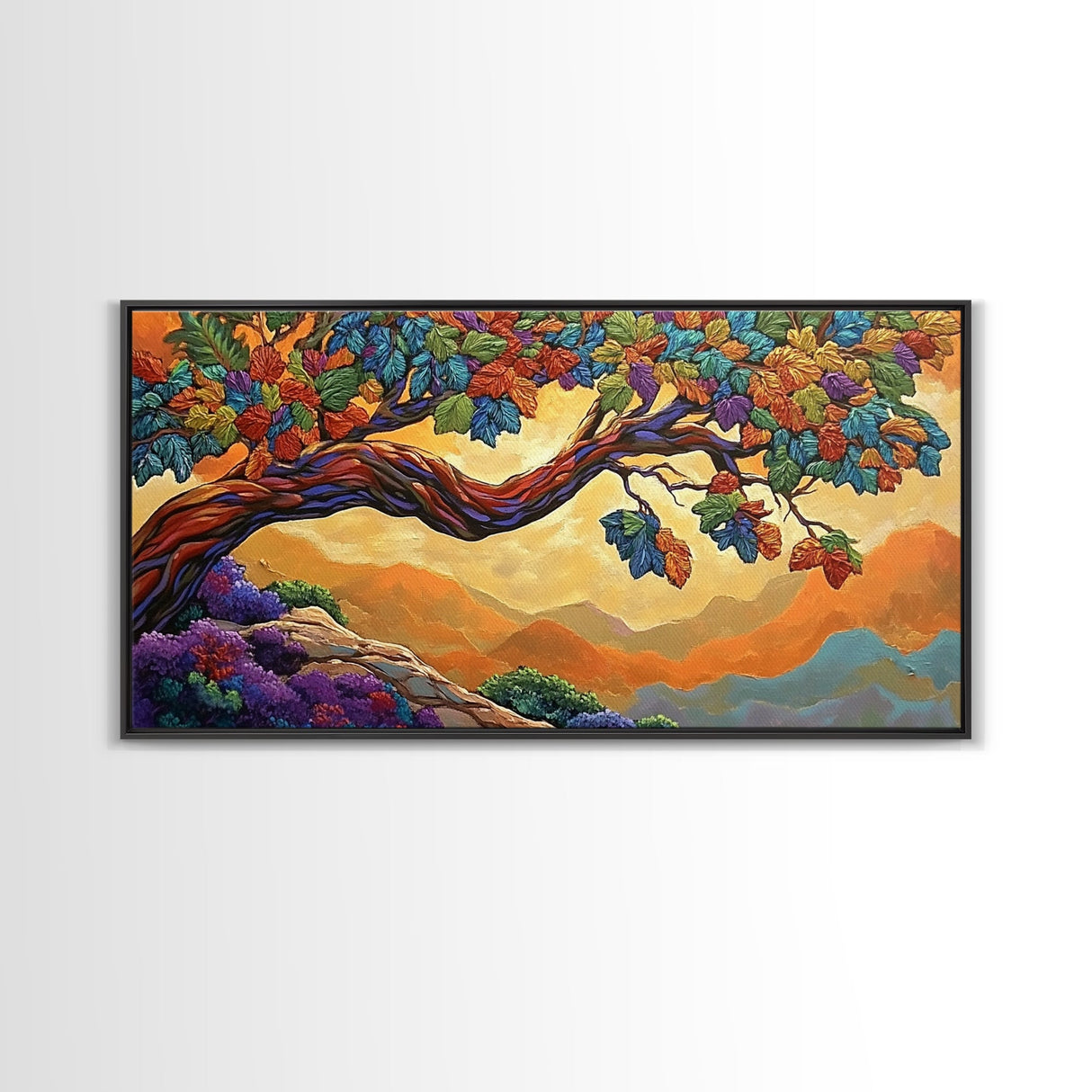 Tree Autumn, Leaves, Branches, Framed Canvas Print, foliage fall decor, mountain wall art, boho style living room, nature painting