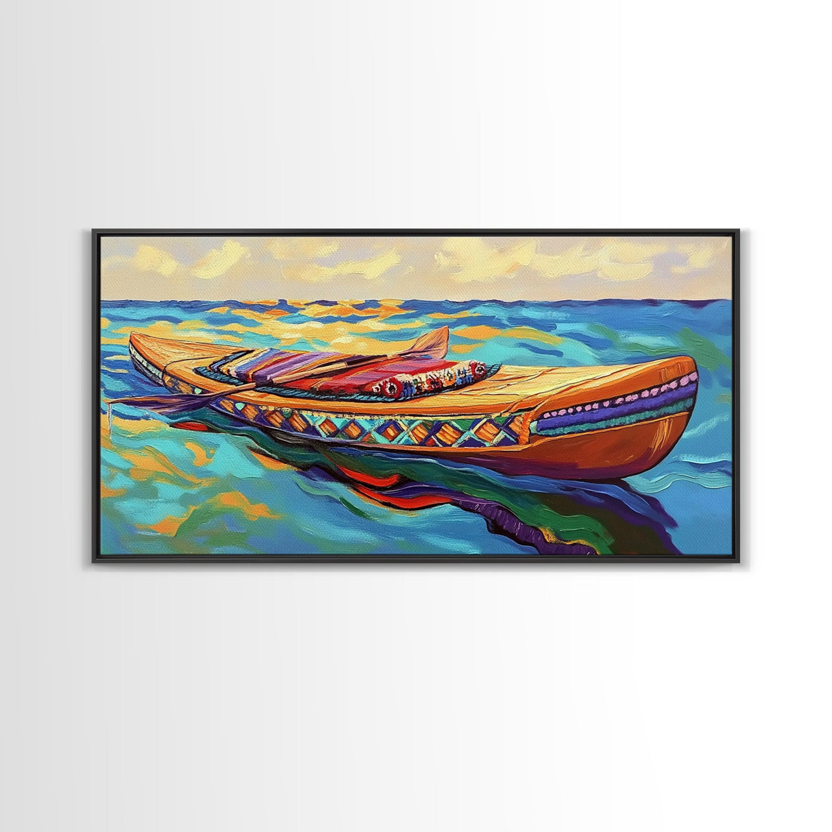 Canoe Water, Colorful, Tribal, Canvas Print, boho kayak art, nautical decor, beach house wall art, rustic folk painting, summer vibe