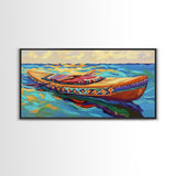 Canoe Water, Colorful, Tribal, Canvas Print, boho kayak art, nautical decor, beach house wall art, rustic folk painting, summer vibe
