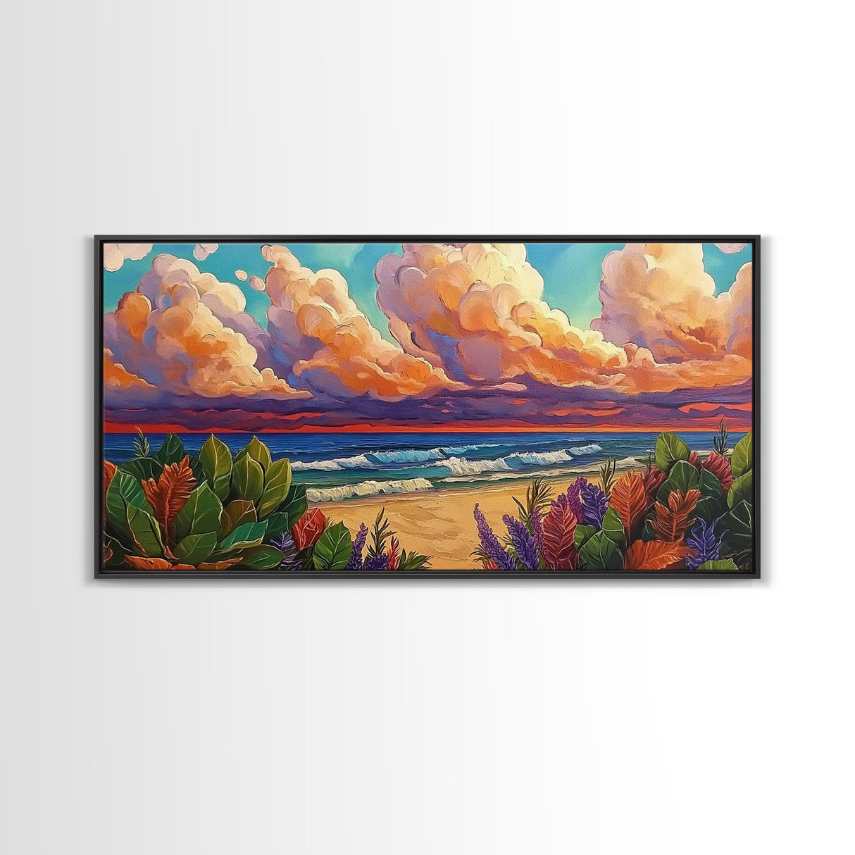 Tropical Beach, Clouds, Canvas Print, Colorful coastal beach artwork with dramatic clouds and waves, Bathroom Wall Art, coastal style