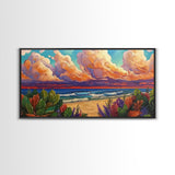 Tropical Beach, Clouds, Canvas Print, Colorful coastal beach artwork with dramatic clouds and waves, Bathroom Wall Art, coastal style