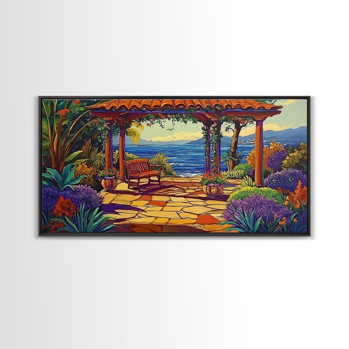 Garden Ocean View, Terrace, Framed Canvas Print, Serene garden bench by the ocean with colorful flowers, perfect Living Room Wall Art