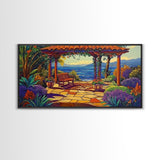 Garden Ocean View, Terrace, Framed Canvas Print, Serene garden bench by the ocean with colorful flowers, perfect Living Room Wall Art