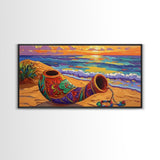 Horn Sand, Sunset, Shore, Framed Canvas Print boho beach decor, living room Mexican art, coastal horn painting, rustic folk art