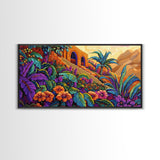 Jungle, Flowers, Adobe, Hillside, Framed Canvas Print tropical wall art, vibrant living room decor, boho jungle scene painting