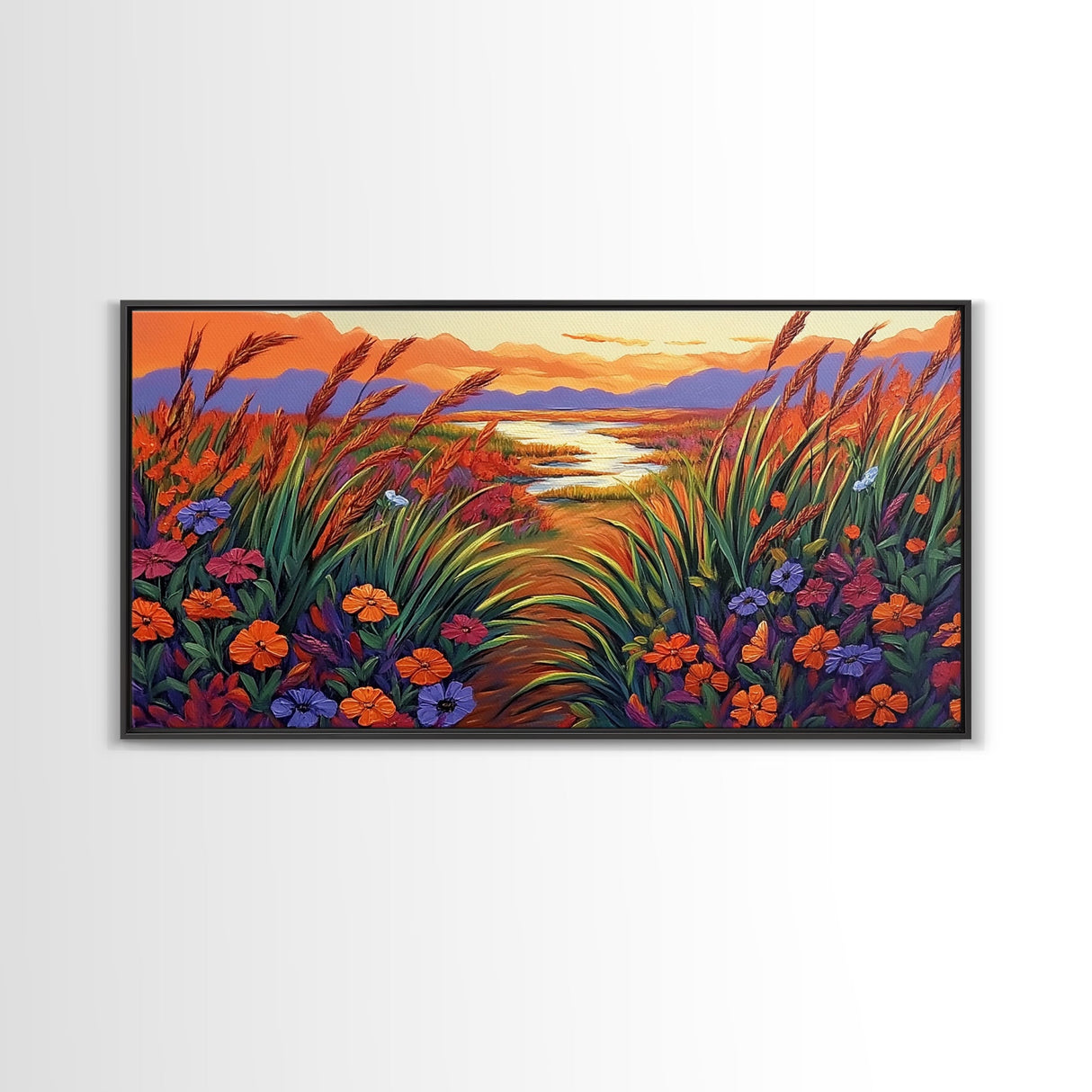 Wildflowers, River, Mountains, Autumn, Canvas Print fall floral decor, rustic meadow art, nature landscape painting, country living room
