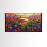 Wildflowers, River, Mountains, Autumn, Canvas Print fall floral decor, rustic meadow art, nature landscape painting, country living room