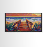Beach Boardwalk, Sunset, View, Framed Canvas Print, boardwalk to beach, Coastal Entryway Art, sunset seascape painting, ocean cottage