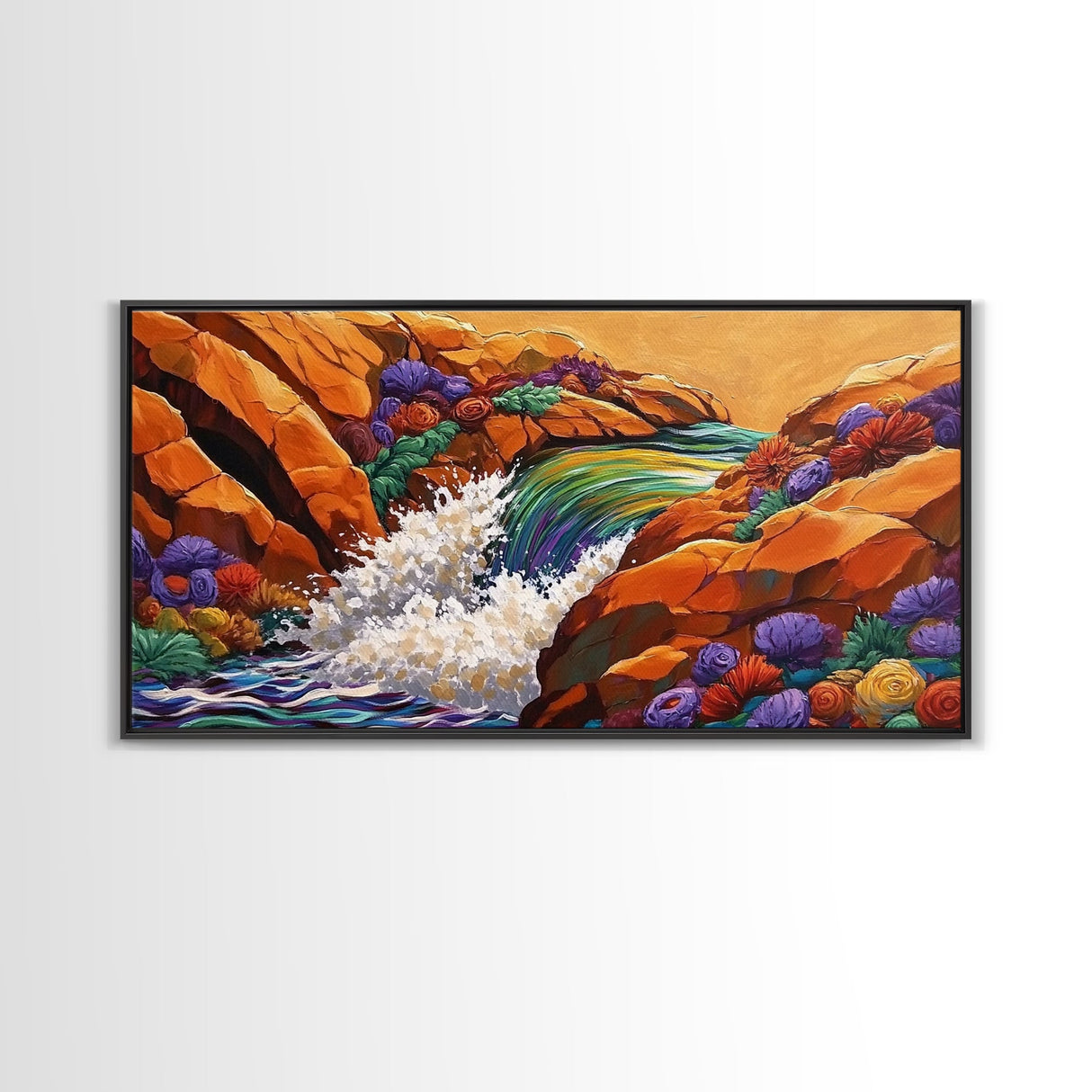 Waterfall Rocks, Flowers, Canvas Print, Colorful Nature Wall Art, Boho Earthy Decor, Vibrant Living Room Accent, Abstract Landscape Art