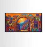 Arch Village, Sunset, Canvas Print, Mediterranean Town Wall Art, Colorful Travel Decor, Eclectic Living Room, Warm Sunset Vibe Art