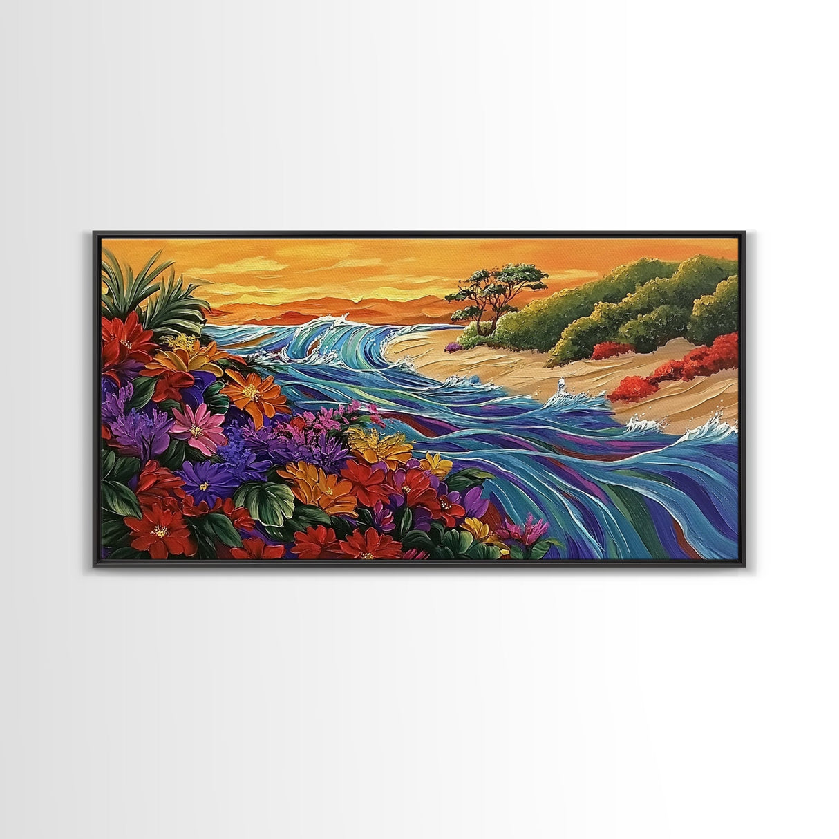 Wildflowers, Coastal Waves, Tropical Shore, Canvas Print, Floral Beach Art, Vibrant Living Room or Kitchen Wall Decor