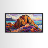 Ocean Cave, Rocky Coast, Lavender Brush, Framed Canvas Print, Bold Nature Wall Art, Vibrant Bedroom or Study Coastal Decor
