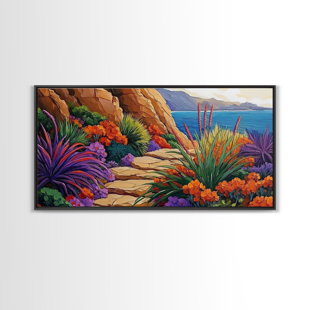 Floral Path, Coastal Trail, Ocean View, Framed Canvas Print, Bright Nature Wall Art, Vibrant Hallway or Kitchen Boho Decor