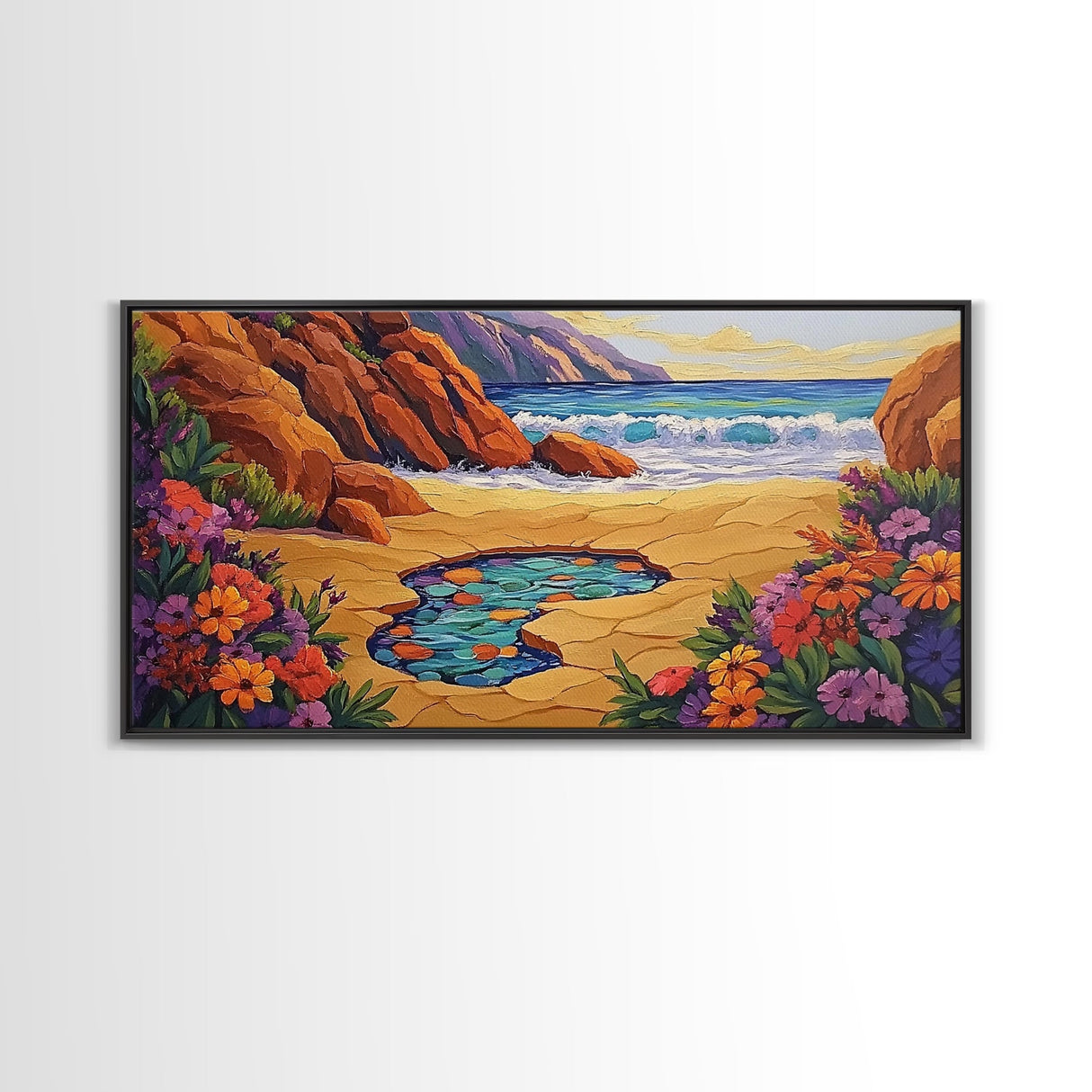 Tide Pool, Sandy Shore, Flower Beach, Canvas Print, Coastal Floral Wall Art, Vibrant Kitchen  Art, Hallway Summer Decor