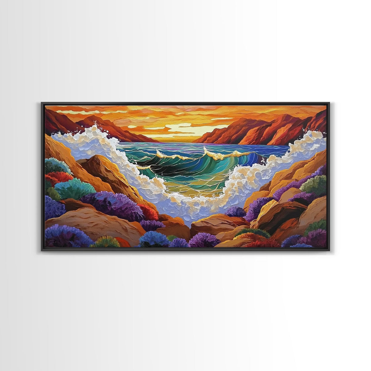 Wave Crash, Sunset Coast, Rocky Horizon, Canvas Print, Dramatic Seascape Wall Art, Ocean Inspired Living Room Art, Study Decor