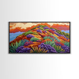 Wildflower Mountain, Sunrise, Hillside, Framed Canvas Print Bold desert landscape, colorful botanical art, boho Fall bedroom decor
