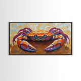 Crab Beach, Bold, Colorful, Coastal Sea Life Framed Canvas Print, Bathroom Wall Art, Nautical Art, Beach House Decor, Ocean Art