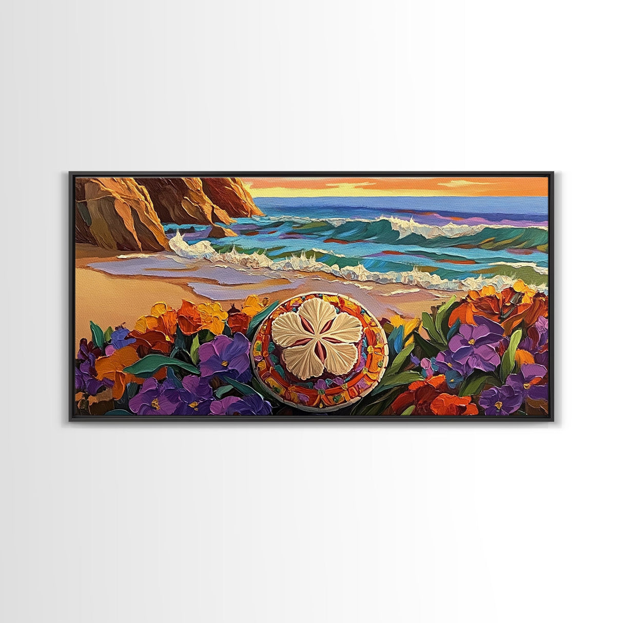 Ocean Beach, Flower, Sand Dollar, Coastal Beach Scene Framed Canvas Print, Bathroom Wall Art, Tropical Seaside Decor, Coastal Painting