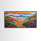 Sunset, Ocean, Trail, Beach, Coastal Sunset Pathway Framed Canvas Print, Bedroom Wall Art, Vibrant Seaside Landscape, Bold Color Decor