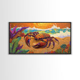 Lobster Beach, Vibrant, Framed Canvas Print, Nautical Coastal Art, Living Room Wall Decor, Tropical Lobster Painting, Bold Ocean Art
