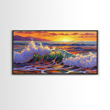Wave Ocean, Sunset, Surf, Framed Canvas Print, tropical wave wall decor, surf boho art, vibrant beach bathroom or office wall art