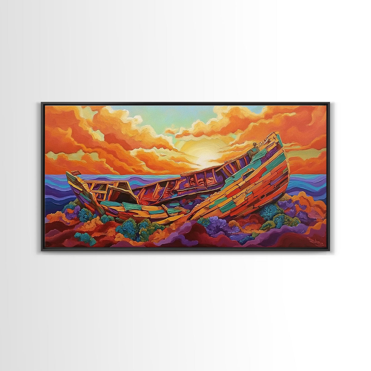 Shipwreck Sunset, Sea, Rustic, Framed Canvas Print, nautical fall coastal decor, beach cabin art, rustic ocean themed living room art
