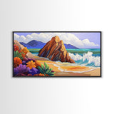 Rocks Beach, Flowers, Ocean, Framed Canvas Print, colorful tropical seascape, modern coastal wall art, bright nature themed decor