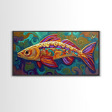Colorful Fish, Wall, Art, Framed Canvas Print, Boho ocean wall decor, coastal bathroom wall art, whimsical undersea painting kitchen