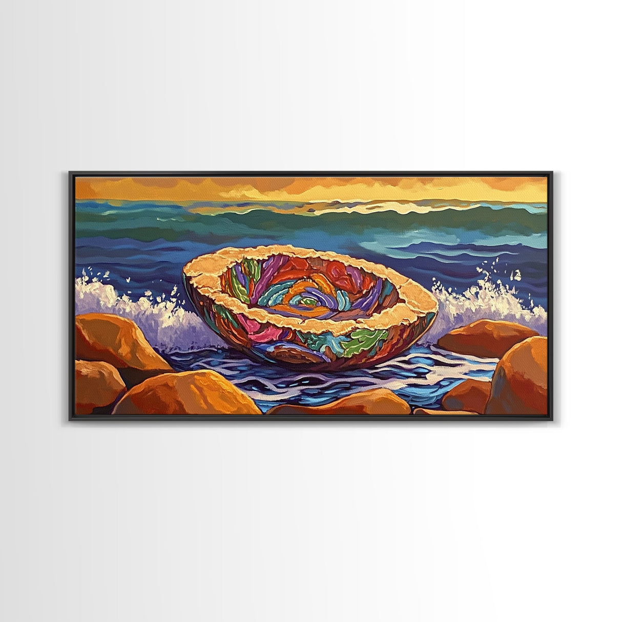 Pan Dulce, Ocean, Rocks, Sea, Canvas Print, Mexican sweet bread wall art, kitchen decor, dessert lover painting, bakery-inspired artwork