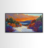 Winter Sunset, Lake, Trees, Framed Canvas Print, Autumn cabin wall art, colorful landscape living room decor, mountain snow painting