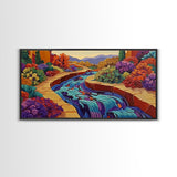 Stream Garden, Colorful, Path, Framed Canvas Print, Southwestern landscape art, bright garden painting, hallway decor, fall home vibe