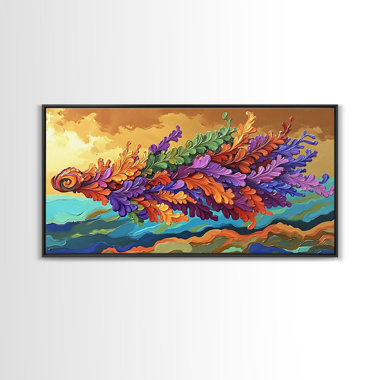 Abstract Leaf, Swirl, Flying, Framed Canvas Print, Whimsical nature painting, colorful wall art, boho bedroom decor, modern natural art