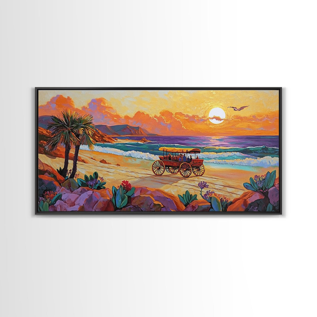 Horse Carriage, Sunset, Beach, Framed Canvas Print, coastal western art, rustic sunset scene, boho living room wall decor