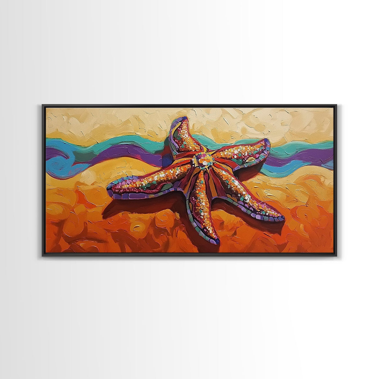 Starfish Beach, Colorful, Textured, Framed Canvas Print, coastal boho decor, ocean theme, beach house bathroom wall art