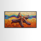 Starfish Beach, Colorful, Textured, Framed Canvas Print, coastal boho decor, ocean theme, beach house bathroom wall art