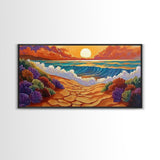 Beach Ocean, Sunrise, Coastal Path, Framed Canvas Print, Vibrant Seaside Art, Bathroom Wall Decor, Nature Landscape, Colorful Waves