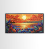 Flowers Sunset, Ocean View, Coastal Bloom, Framed Canvas Print, Vibrant Nature Art, Kitchen Wall Decor, Beach Garden Scene, Bold Colors