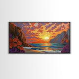 Beach Cliffs, Sunset, Vibrant Sky, Framed Canvas Print, Boho Coastal Art, Bedroom Wall Decor, Ocean View Painting, Tropical Landscape