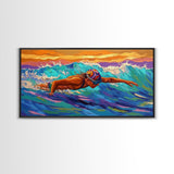 Swimmer Waves, Sunset, Athletic Art, Framed Canvas Print, Ocean Decor, Fitness Wall Art, Bedroom Inspiration, Bold Summer Style