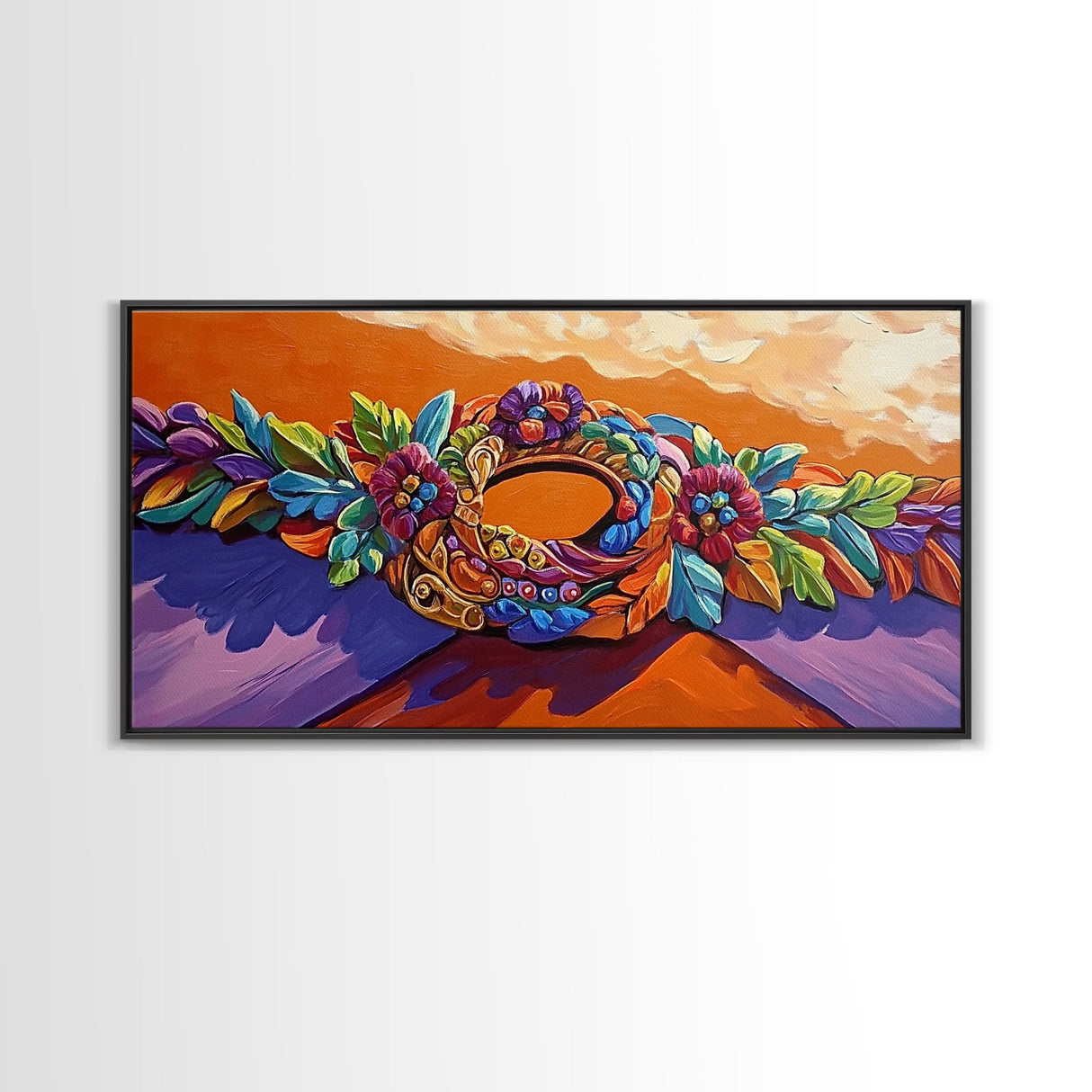 Wreath Orange, Floral, Framed Canvas Print, Bright Floral Crown Wall Decor, Whimsical Art Style, Bohemian Bedroom Artwork