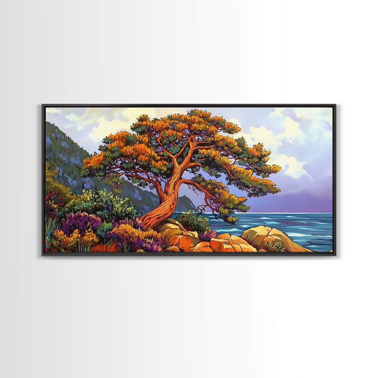 Coastal Tree, Sunset, Ocean, Vibrant tree coastal scene, Canvas Print, Fall Decor, Nature Art, Living Room Wall Art, Earthy Tones