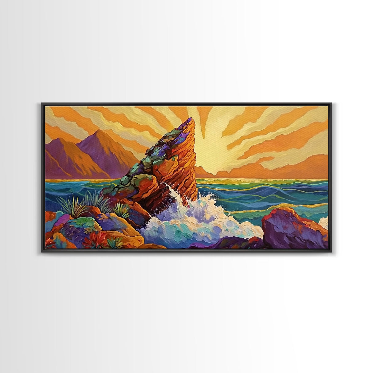 Sunrise, Waves, Rocks, Ocean, Canvas Print, Sunrise coastal print, ocean splash wall art, spiritual sunburst decor, beach home accent