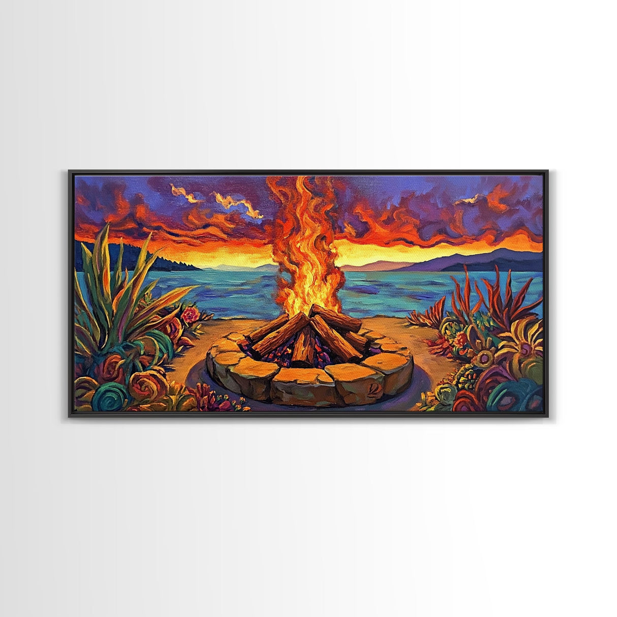 Campfire Desert, Sunset, Fiery Skies, bold landscape Canvas Print, autumn outdoor art, cozy rustic living room wall décor