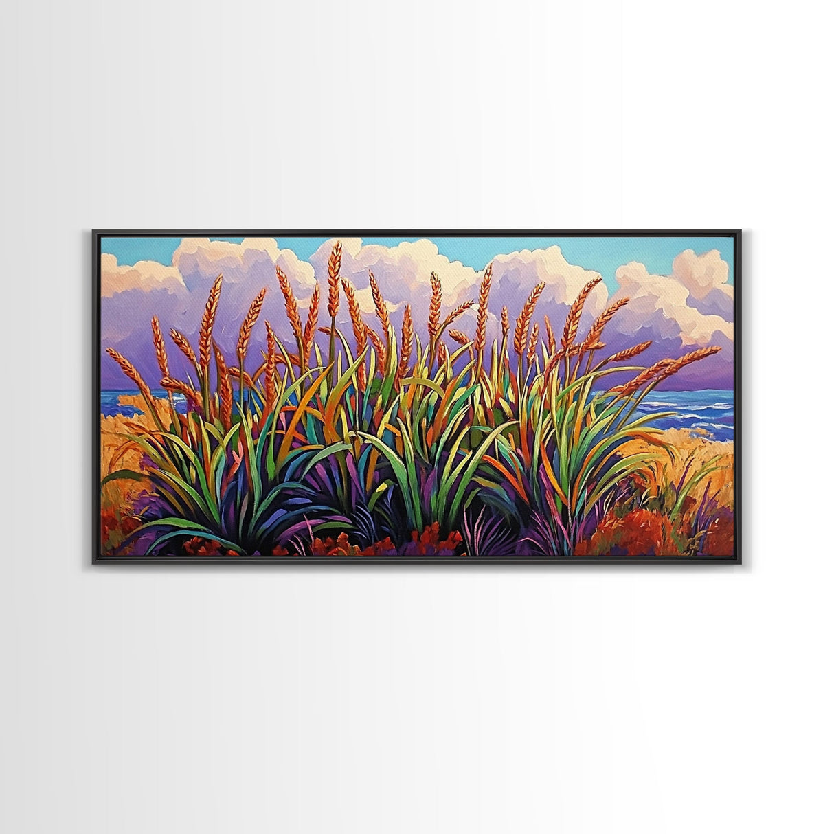 Wheat Grasses, Coastal, Sunrise, Canvas Print rustic boho kitchen wall art, country field beach decor, nature inspired autumn artwork