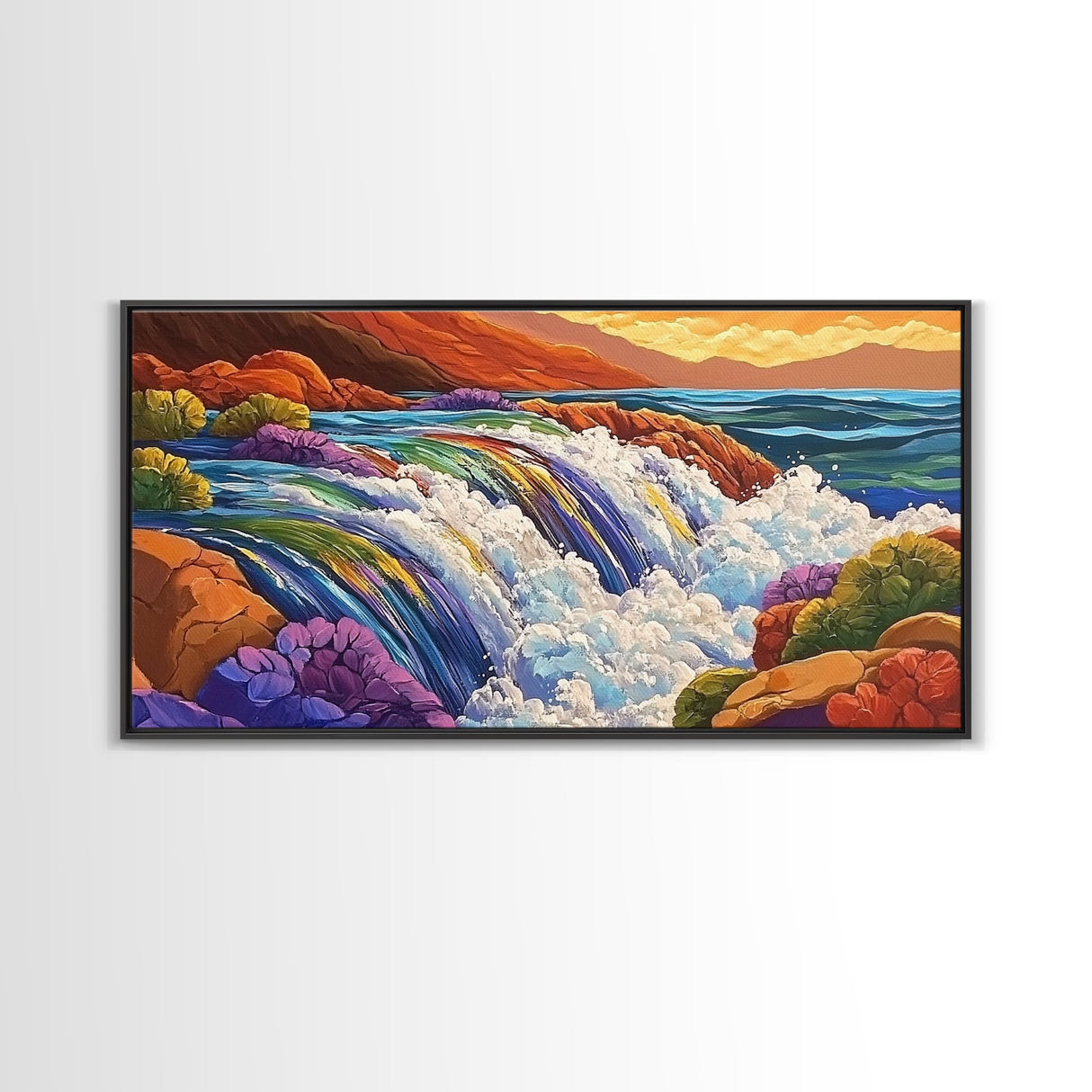 Waterfall Rainbow, Canyon, Bold, Framed Canvas Print vibrant nature bathroom decor, boho rainbow mountain wall art, fantasy print