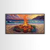 Beach Campfire, Sunset, Tropical Vibes, island evening Canvas Print, fall boho decor, colorful beach firepit living room wall art