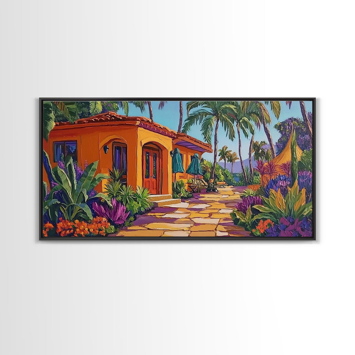 Villa, Palm Trees, Pathway, Lush Garden, warm tropical Canvas Print, boho patio decor, summer bungalow living room wall art