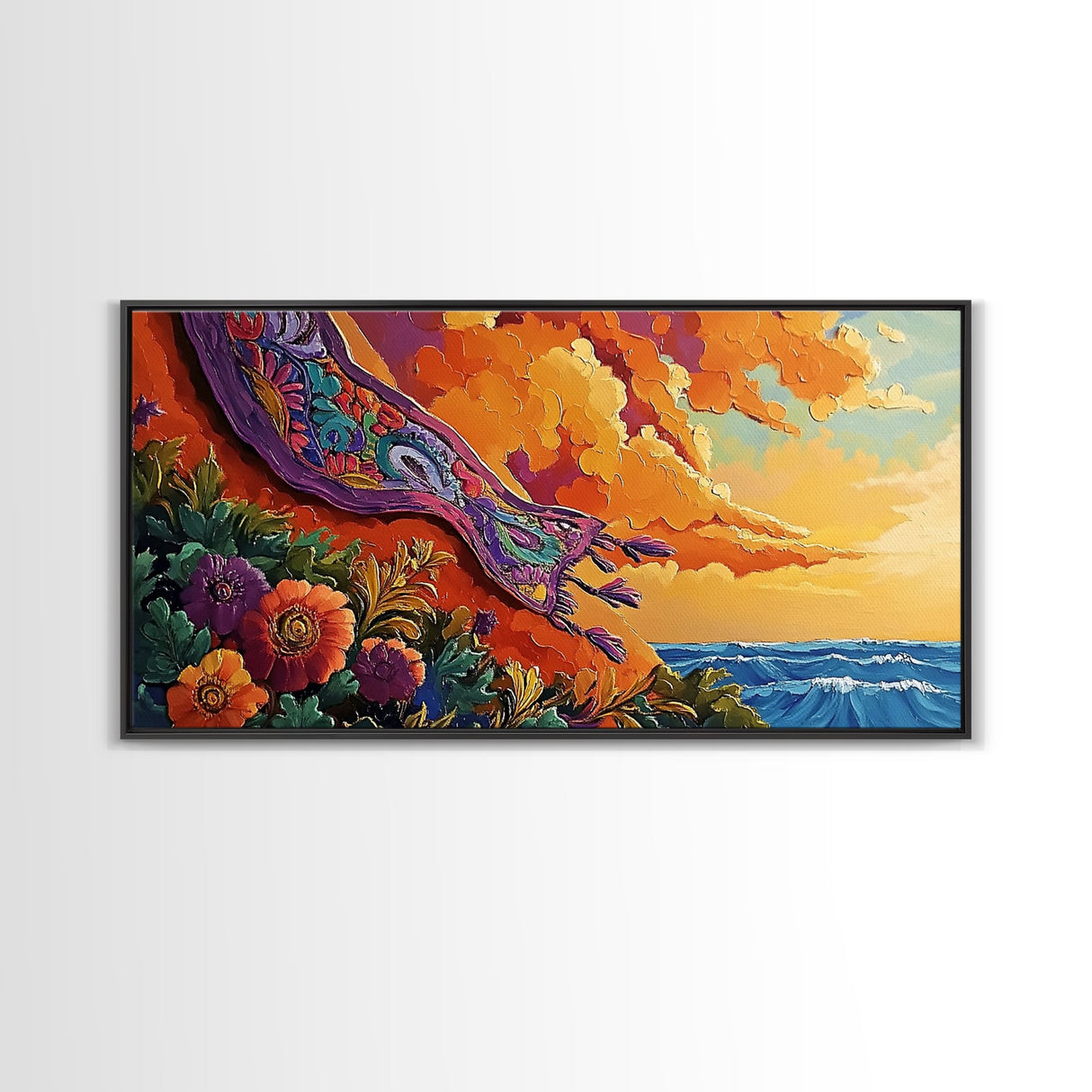 Sunset Coast, Rug, Framed Canvas Print, Sunset Beach Art, Magic Carpet Illustration, Vibrant Coastal Decor, Dreamy Bedroom Art