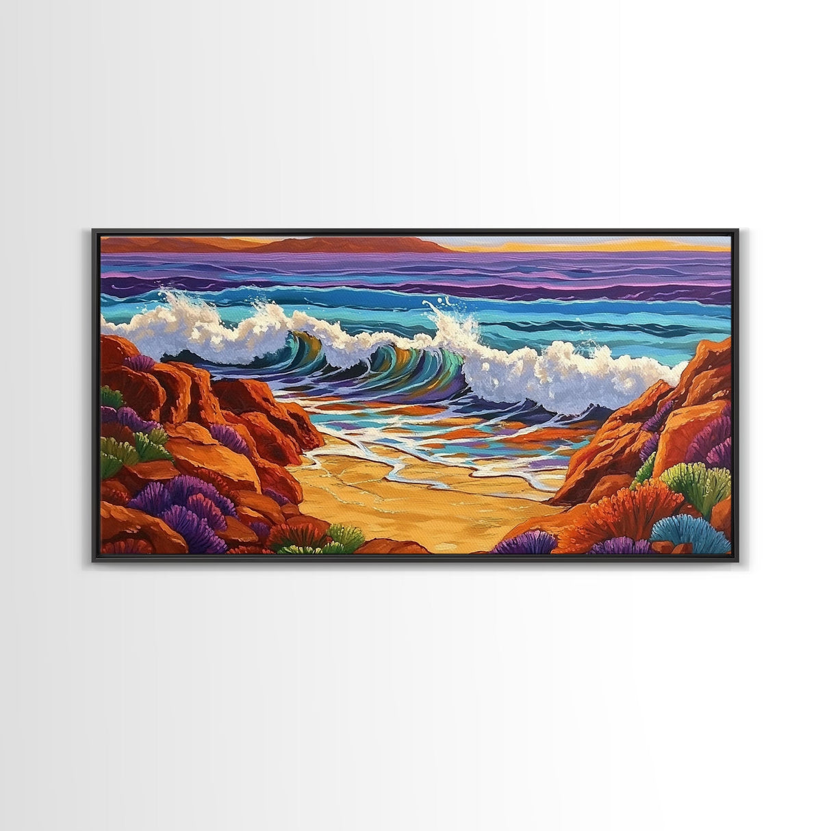 Surf Shoreline, Rocks, Sunset, Vibrant coastal Canvas Print, wave crashing beach art, living room ocean scene, colorful boho seascape